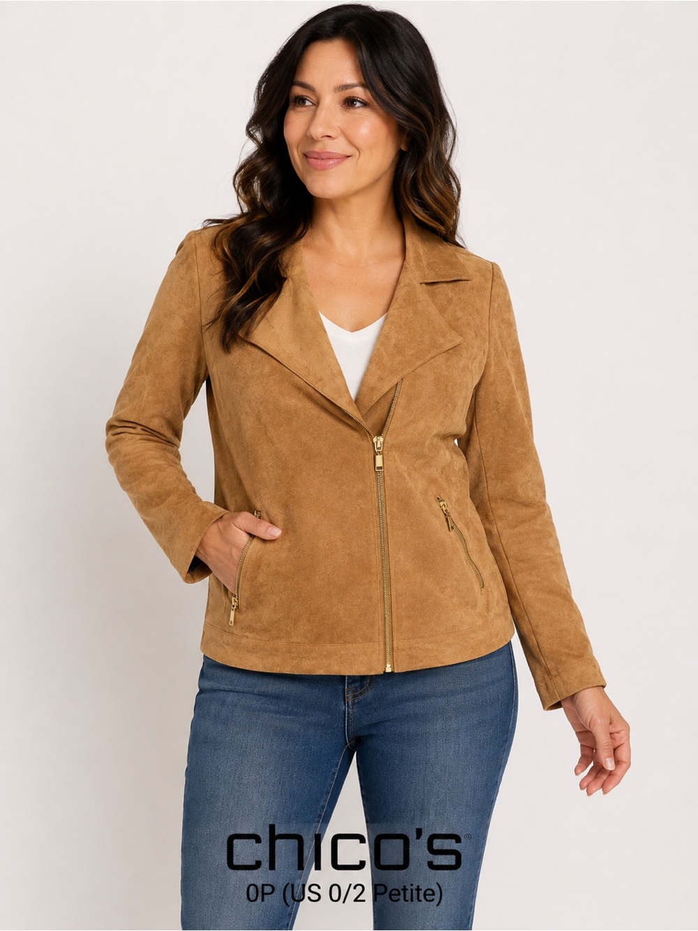 Chico’s Camel Faux Suede Moto Jacket biker Women’s US 0/2P Petite Tan Zip Front